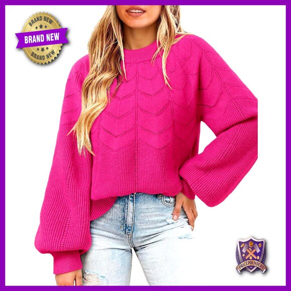 Loose Knit Pullover Sweater with Floral Cutout and Lantern Sleeves
